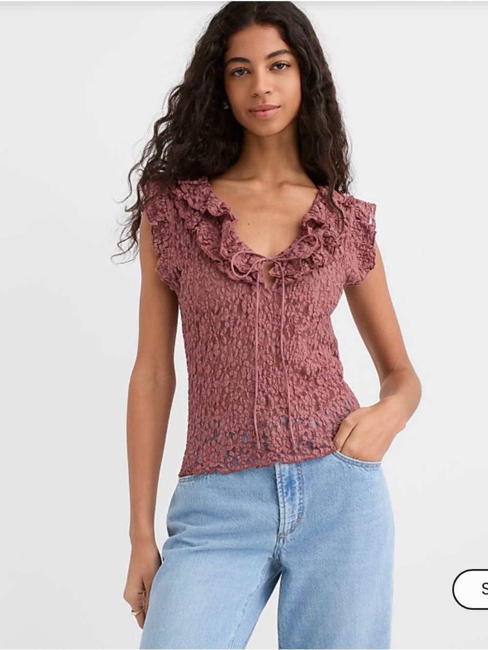 LOFT Dusty Rose Ruffled Lace-Texture Tie-Front Top